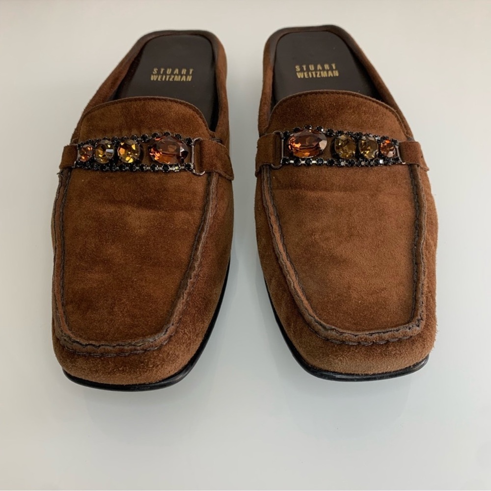 Stuart Weitzman Brown Suede Loafers with Embellishments